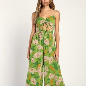Lulus Green Floral Print Cutout Wide-Leg Jumpsuit